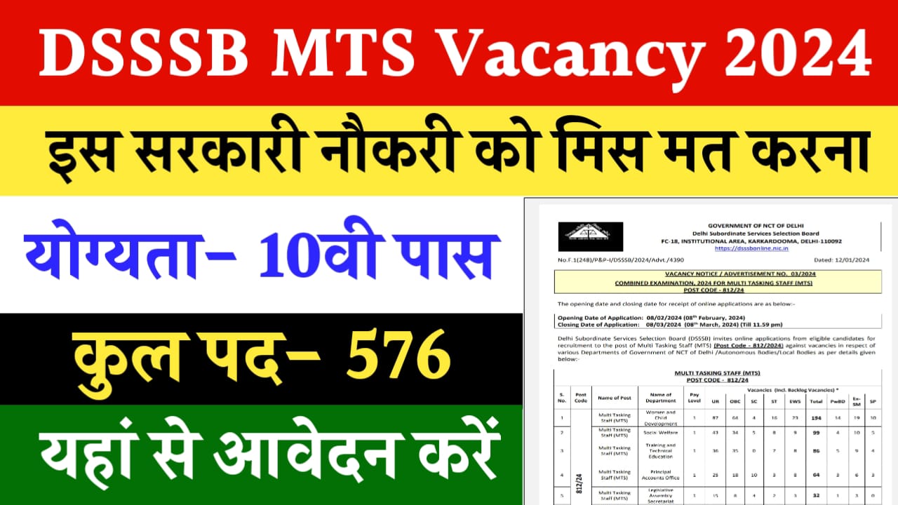 DSSSB MTS Vacancy 2024: दिल्ली अधीनस्थ सेवा चयन बोर्ड द्वारा एमटीएस के 576 पदों पर निकली भर्ती, 10वी पास करें आवेदन